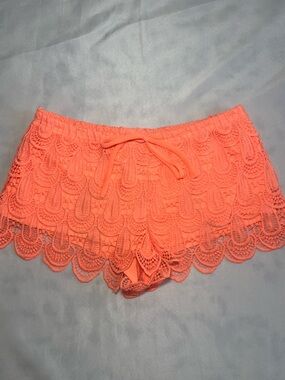 Bright Coral Lace Crochet Scallop Hem Shorts Drawstring Mini Womens Small Summer